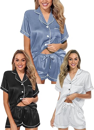 3Pack Womens Silk Satin Pajamas Set Short Sleeve Top and Shorts Pjs Sets Silky Sleepwear Nightwear