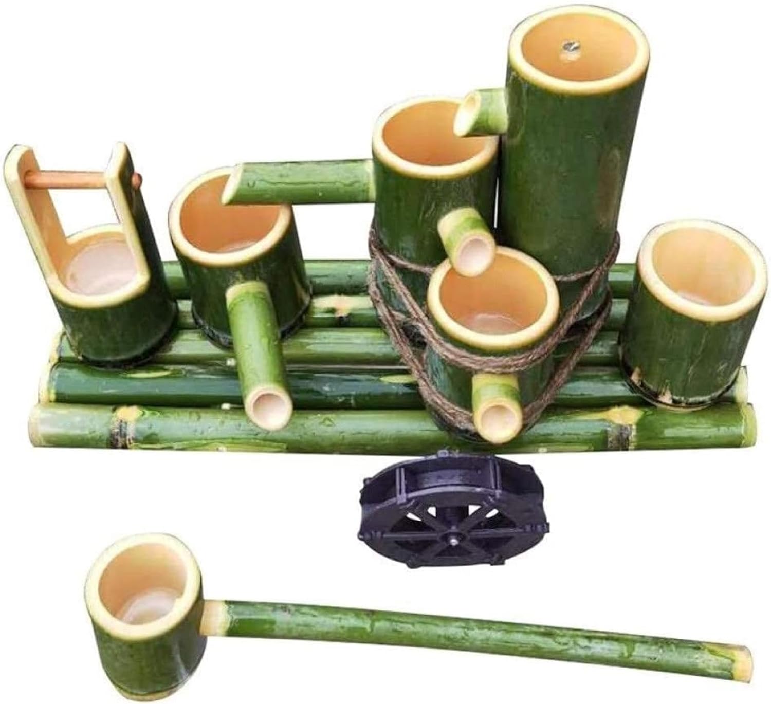 Bamboo Fountain Kit, Outdoor Water Feature Garden Fountain, Waterfall Decoration with Rotating Water Wheel, Feng Shui Zen Fountain, for Pond, Fish Tank, Flower Pot, Patio, 35.4in