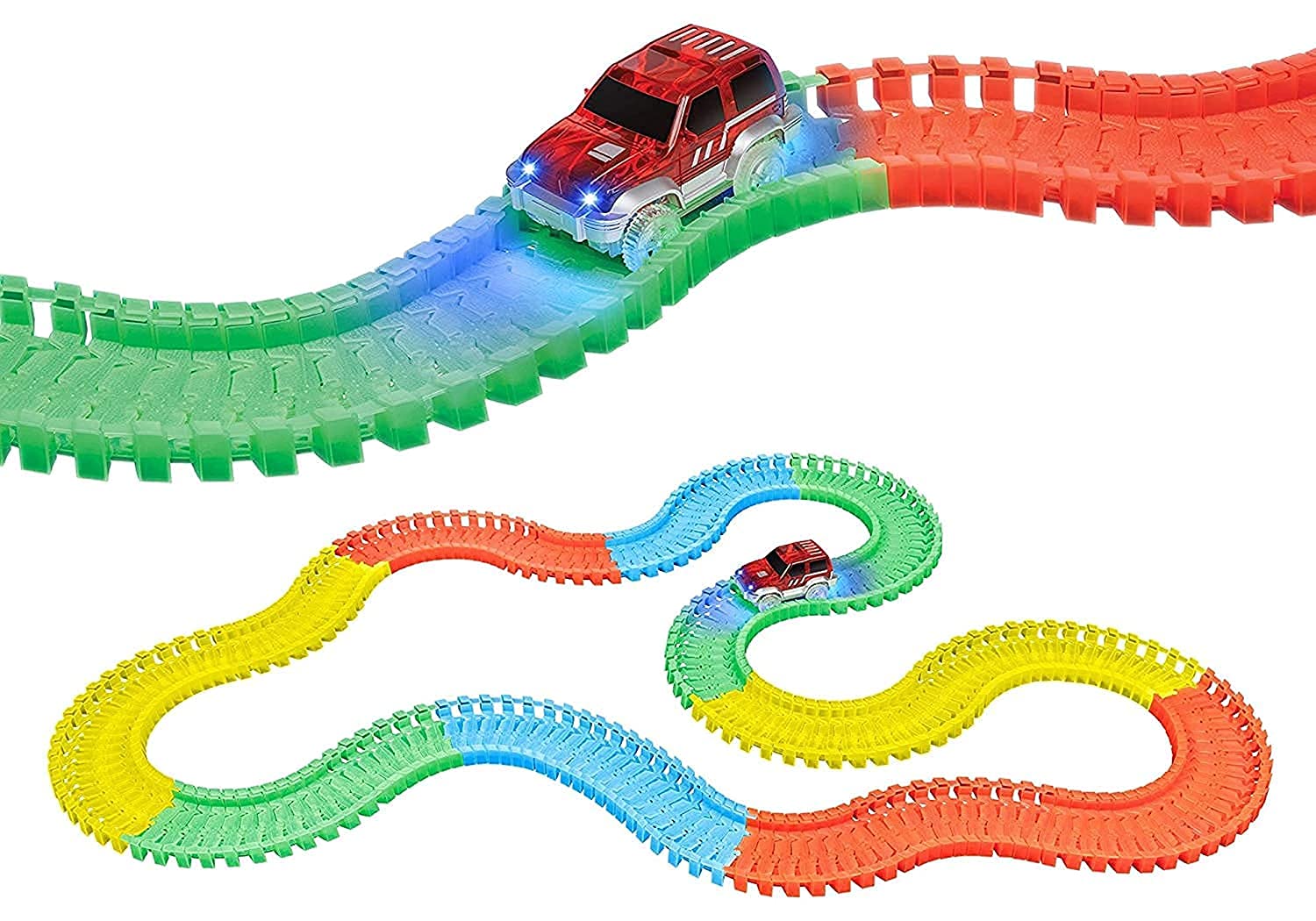 PANSHUB 220 PCs Race Car Set Toy Track Racer Car| 11 Feet-220 Pcs Bends, Flexes and Glows Long Flexible Tracks Modern Car Play Set for Kids (Multicolor) (220 PCs Car Magic Track Set) 4