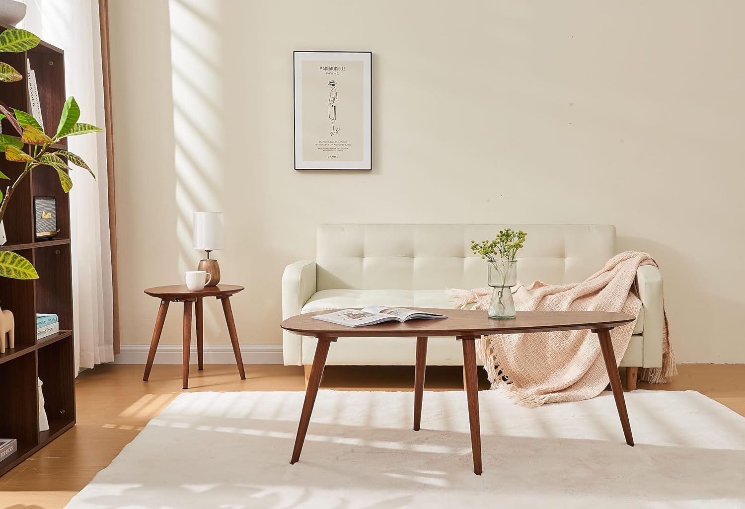 Solid Wood Table Desk, Coffee Table End Table Round for Kitchen Dining Room, Living Room, Bedroom and Restaurant, 4 Legs Removable-Walnut