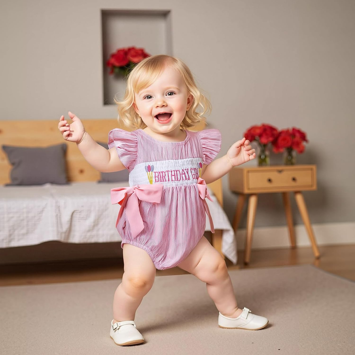 Baby Girl First Birthday Outfit Bow Flying Sleeve Bubble Romper Smocked Bodysuit Cute 1st Birthday Girl Outfit