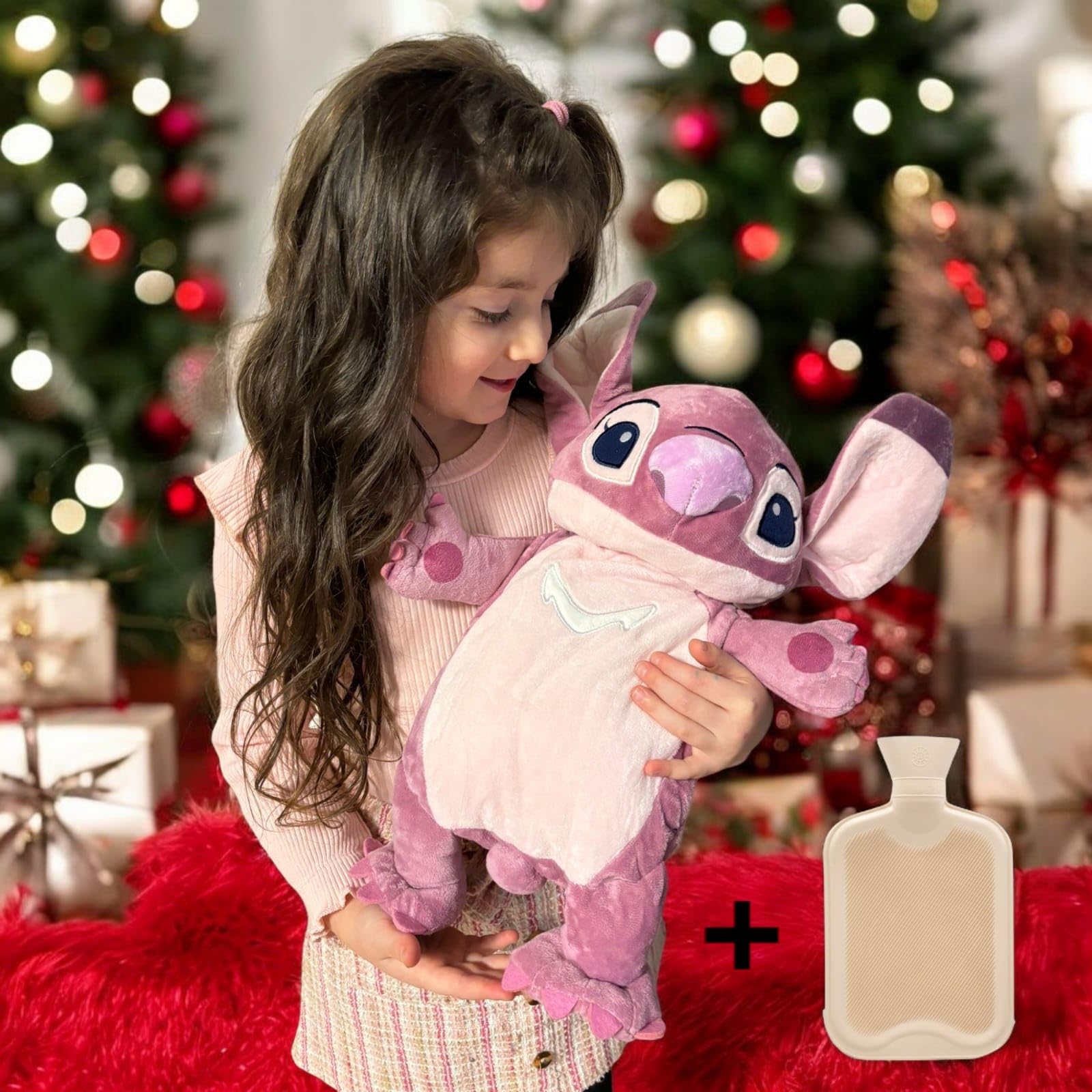 Bolsa de agua caliente de peluche compatible con Ángel, Lilo y Stitch, en forma de peluche, caucho natural, 40 cm