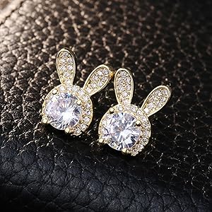 Cute Rabbit Shaped Stud Earrings with Crystal Cubic Zirconia Fashion Jewelry for Women, 0.52, Brass, Cubic Zirconia