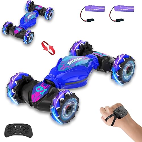 Auto de acrobacias RC con detección de gestos, 4WD controlado a mano y control remoto con luz y música, rotación de 360, modos de carretera y
