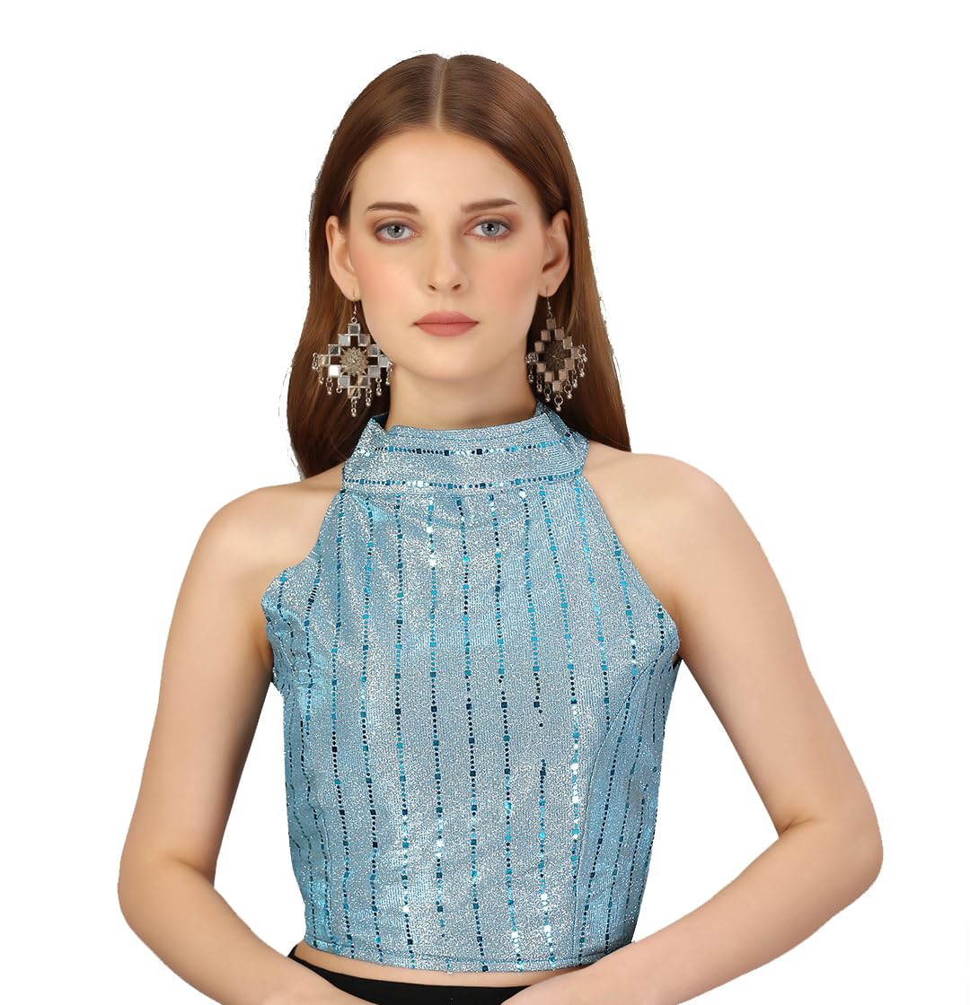 Pujia Mills Womens Readymade Fancy Halter Neck Sleeveless Saree Blouse.(Halter Neck Sequins Sky Blue_38)