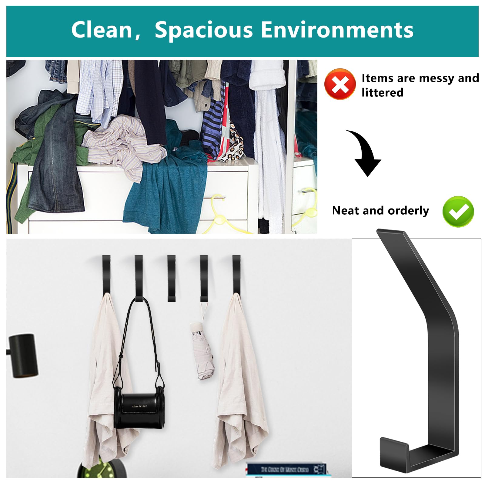 Set 8 Appendiabiti Da Parete Moderni - Acciaio Inox Nero, Doppi Ganci, Carico 15kg Ciascuno - Foto 10