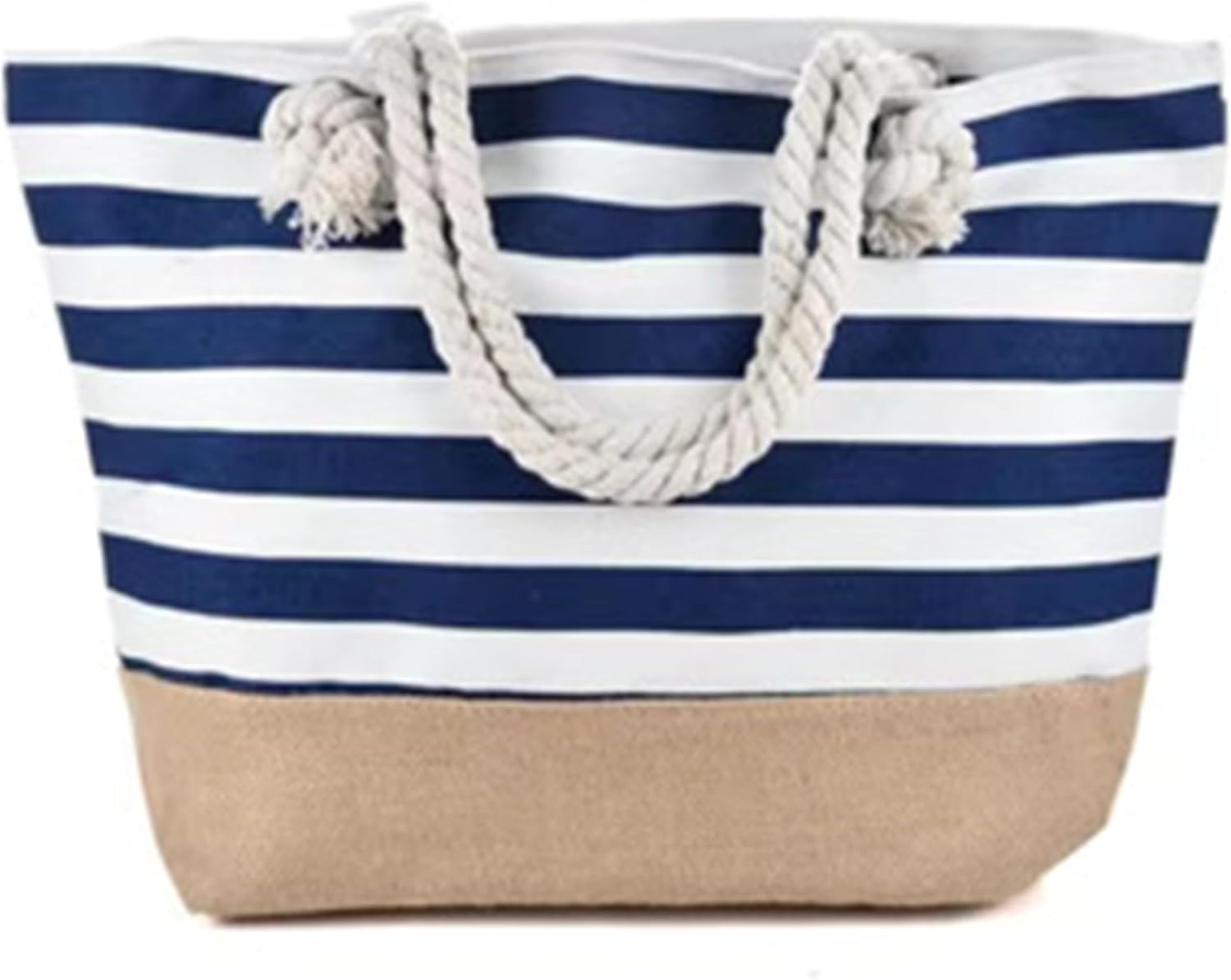 Large Canvas and Jute Beach Bag with Zipper and Rope Handles — Striped Boho Tote for Women, Oversized Pool and Travel Bag