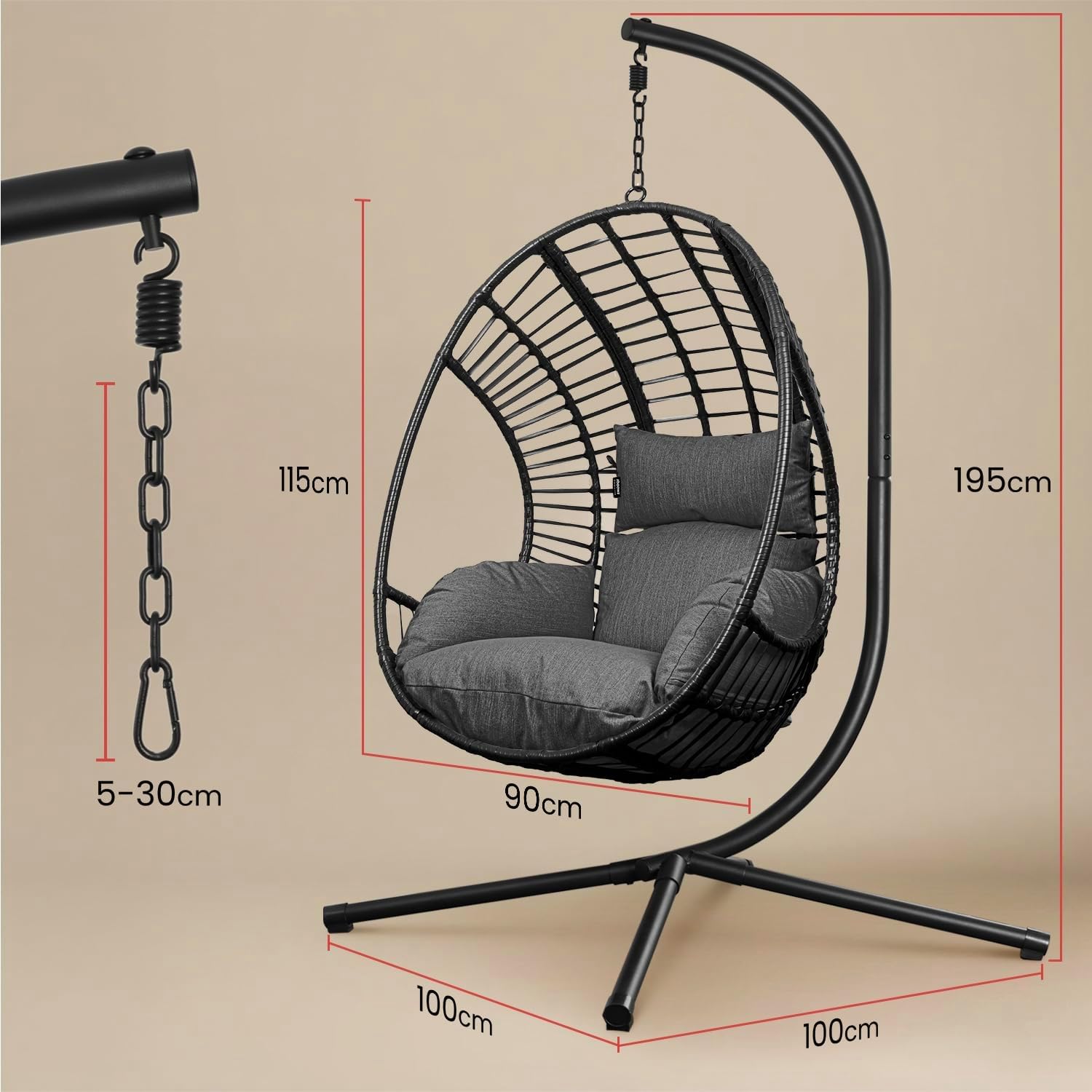 Swoods XXL Hängesessel mit Gestell - Hängesessel Für Indoor und Outdoor - Inkl. Kissen - Egg Chair - bis 150kg (Dunkelgrau)