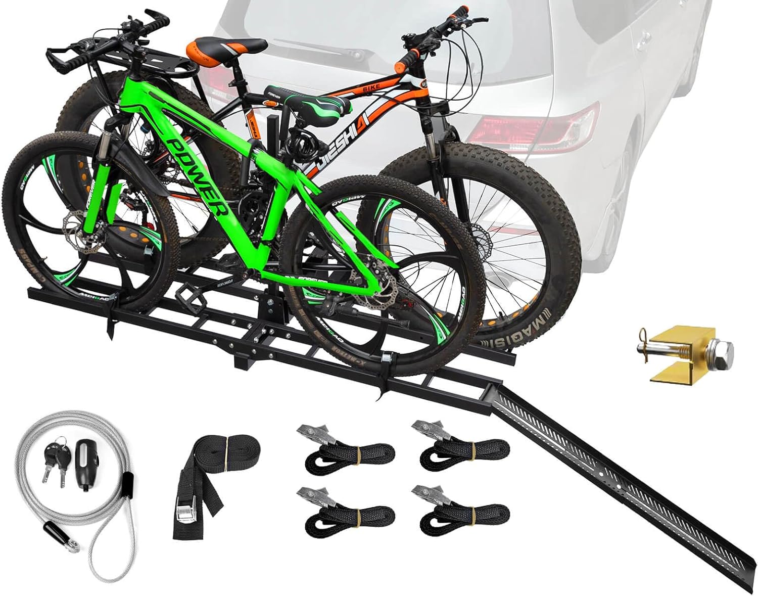 Bike Rack Hitch Mount with Ramp for 2 Bikes – Platform Ebike Rack with Anti-Theft Lock Fits Fat Tires up to 220 lbs – Foldable & Tilt Electric Bike Rack for SUV, Truck, RV – 2 Inch Receiver