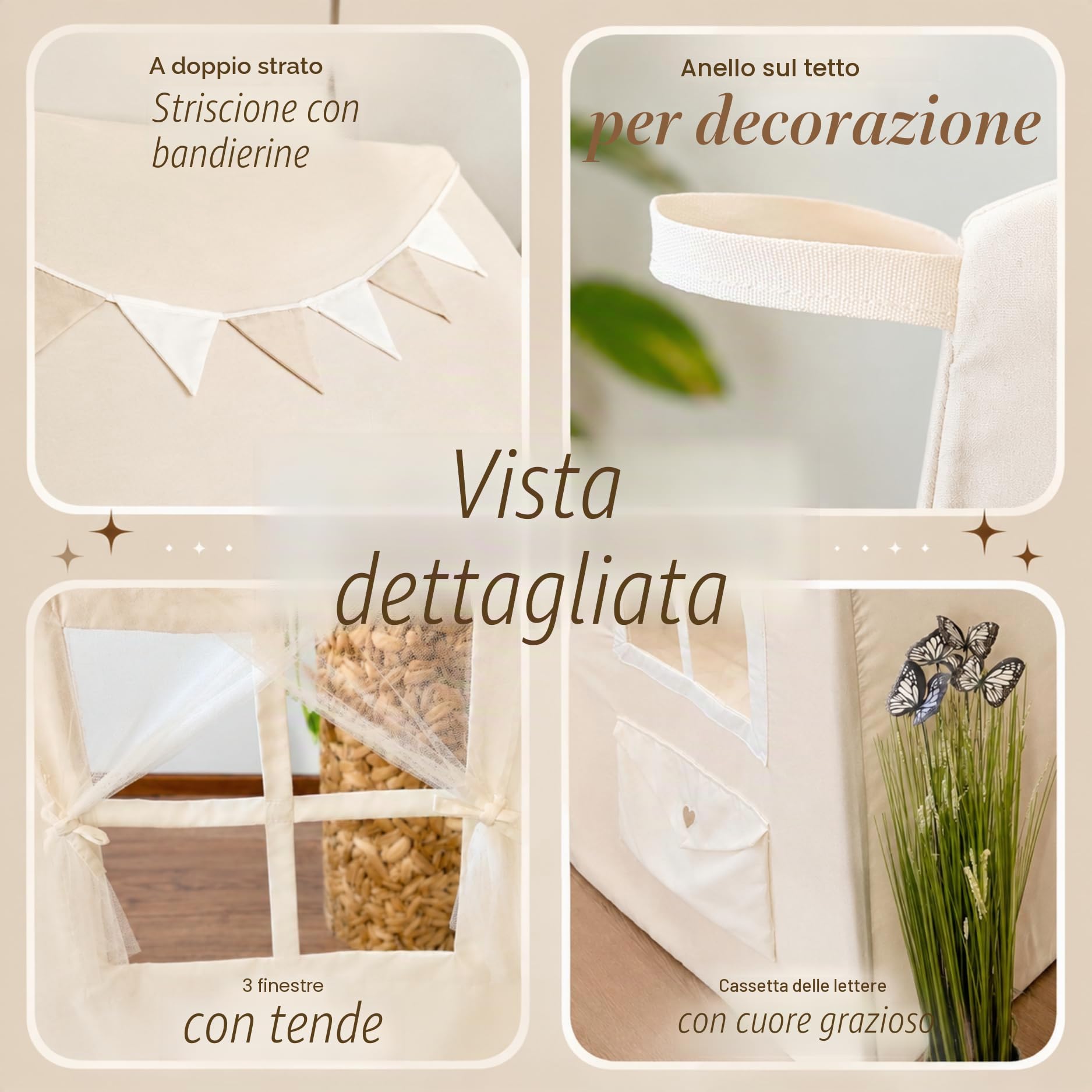 LIONHERZ DAS ORIGINAL - Casetta giocattolo per bambini, con cassetta postale, tenda da gioco per interni con tappeto e ghirlanda, casetta per bambini, con 3 finestre e tenda per porte