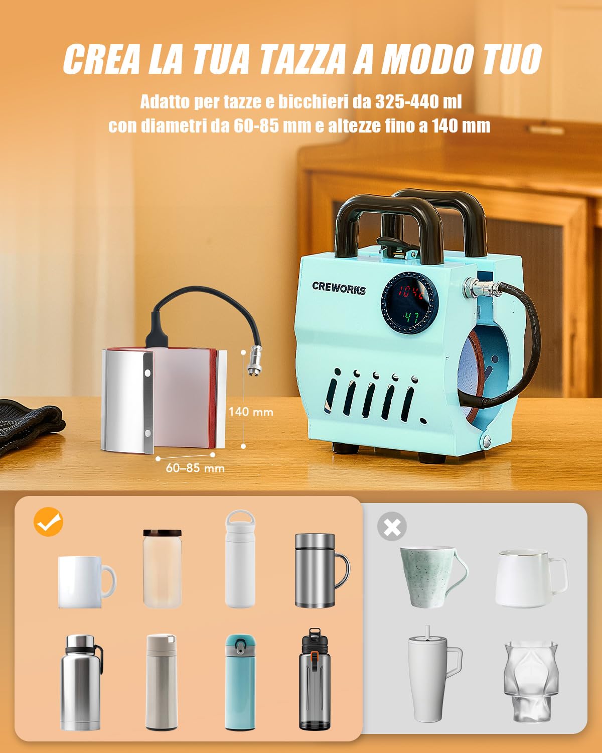 CREWORKS Pressa a Caldo per Tazze 265-440 ml Mini Pressa Tazze per Sublimazione Termopressa per Tazze Portatile con LCD Controllo della Manopola Tempo e Temperatura Regolabile per Bicchieri Tazze
