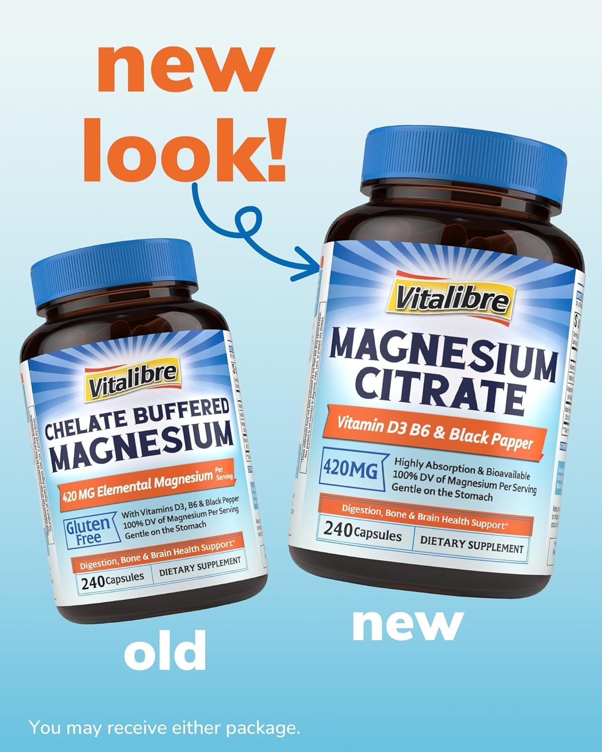 Vitalibre Magnesium Citrate Supplement with Vitamins D3 & B6, 420 mg Elemental citrato de magnesio, Bone Support, Relaxed Brain, Nerves, Enhanced Absorption with Black Pepper, 240 Capsules, Non-GMO