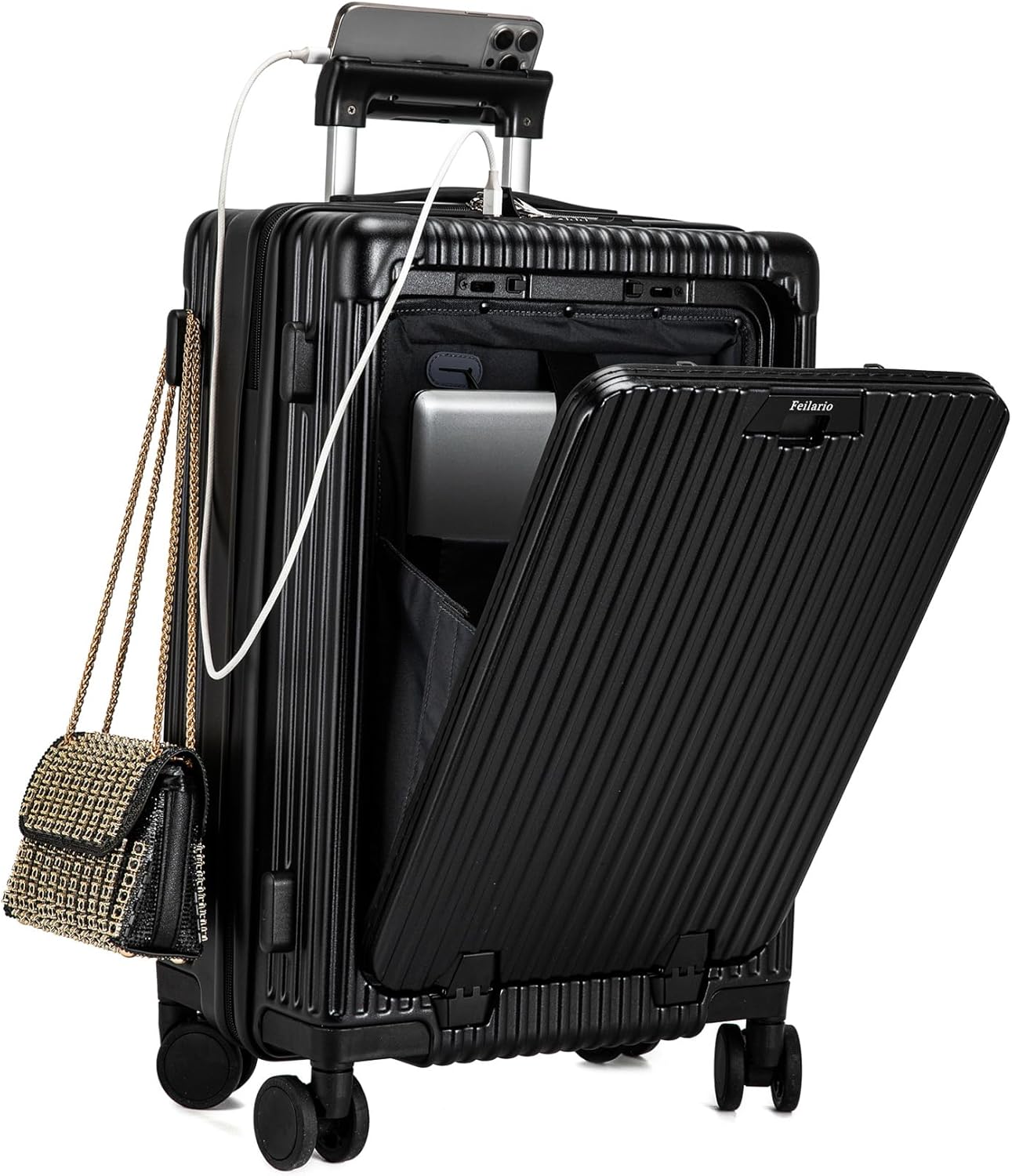feilario 20in Hardside Spinner Wheel Luggage with Zipper Closure, Built-In TSA lock Carry on Suitcase, with Cup Holder & USB Port & Phone Holder Black(with zipper closure, 20in)