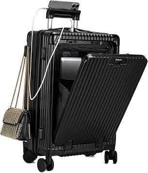 feilario Hardside Carry On Luggage, Zipper Closure, TSA Lock, USB Port | Phone holder, cup spot and organized interior keep devices, drinks and small essentials ready for airport waits