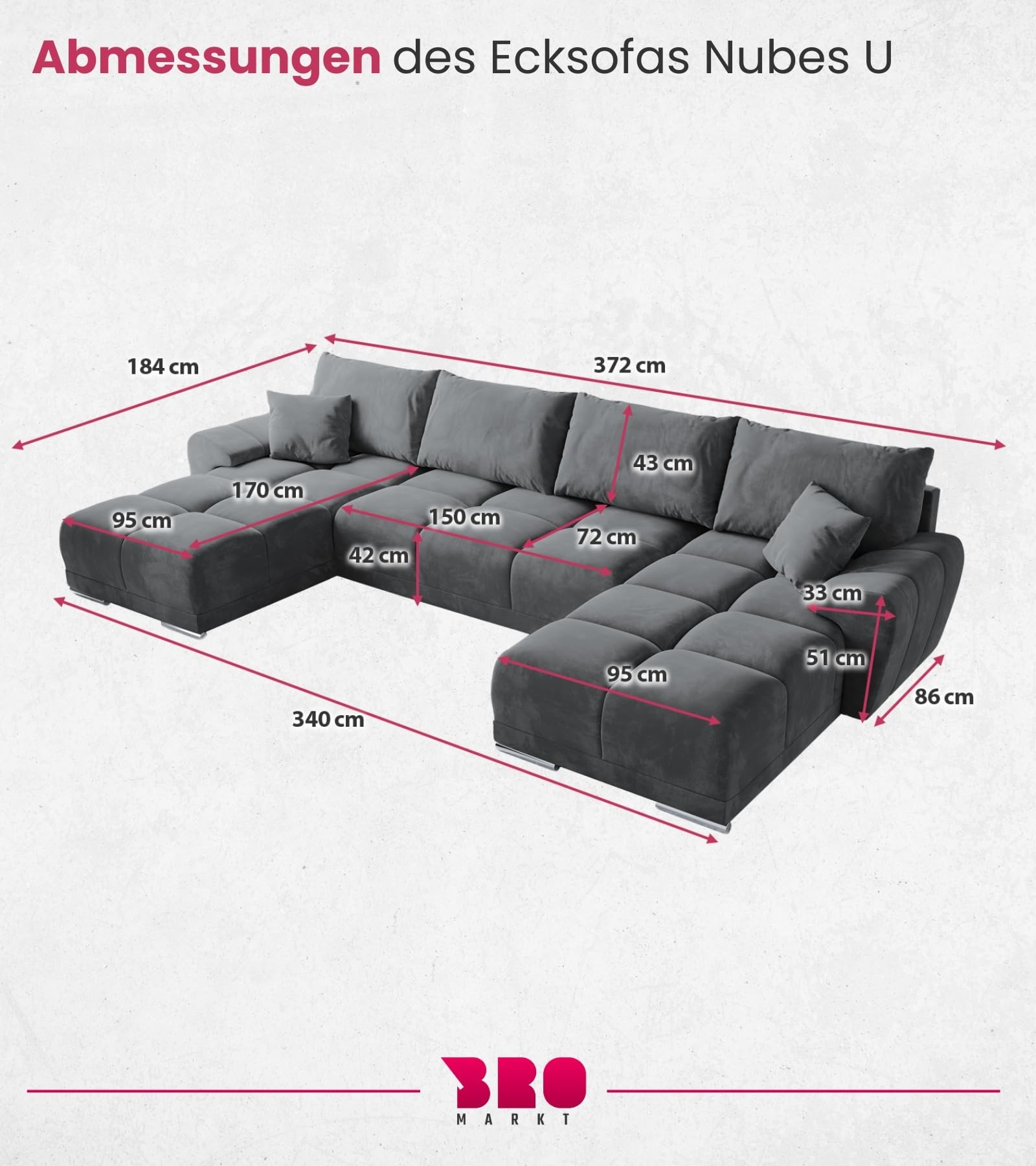 BROMARKT Ecksofa mit Schlaffunktion und Bettkasten 372x184x85 cm Sofa Eckcouch Wohnlandschaft U Form Couch Bettsofa siebensitzer Schlafsofa NUBES U Hellgrau Küche, Haushalt & Wohnen