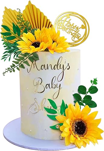 18 adornos para tartas de girasol, decoración de pastel de girasol con girasoles, hojas de palma doradas y hojas de eucalipto para fiestas de