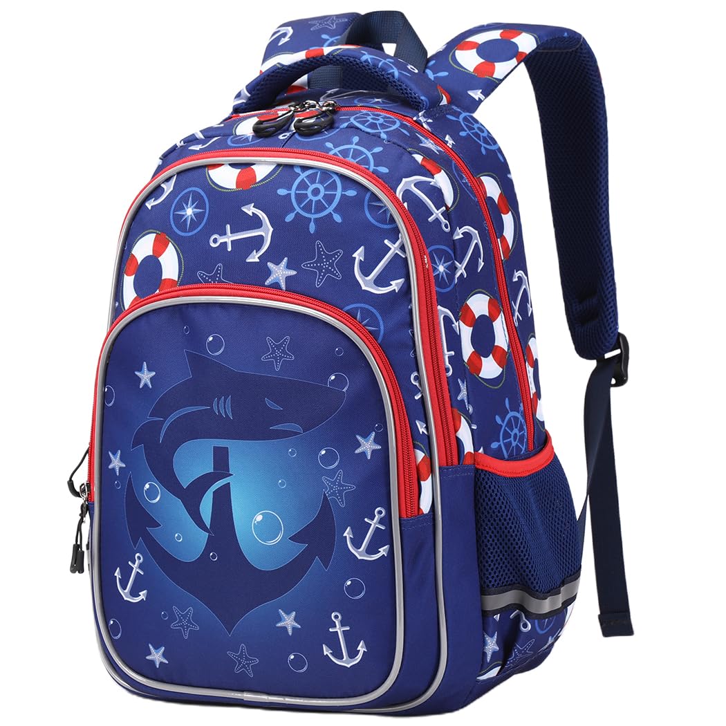 MoonmoBoys backpack kids Backpack for Preschool Elementary, Large Capacity with Multiple Compartments Lightweight School Bag (Blue Shark)
