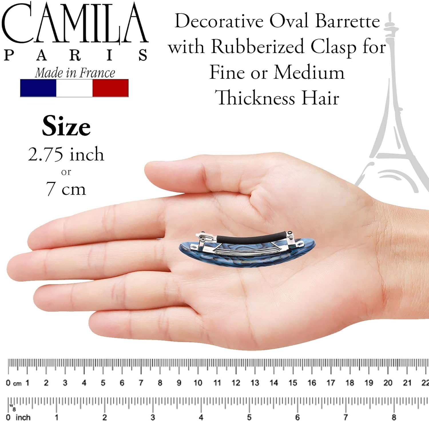Camila Paris CP2984 French Hair Barrette Clip Handmade Oval Blue, Strong Hold Grip Hair Clips for Women, No Slip Rubberized Metal Closure, Durable Styling Girls Hair Accessories, Made in France - Image 2