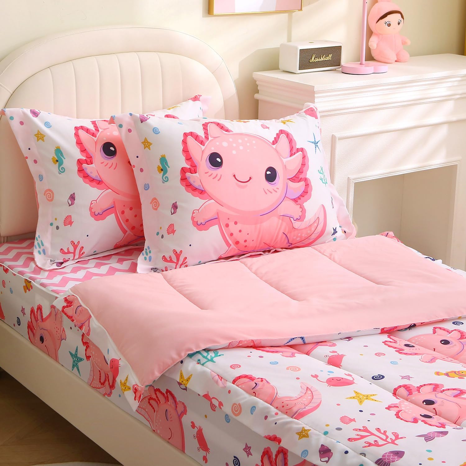 Pink Kids Axolotl Bedding Set Twin for Girls Zipper Marine Life Comforter Set 3pcs Cartoon Kawaii Bed Set for Children All Season Home Decor