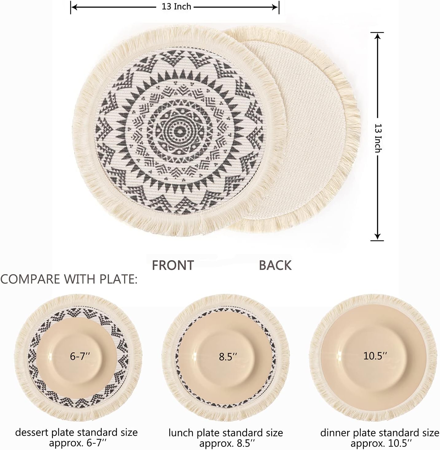 OJIA Round Placemats Set of 4,Boho Macrame Woven Table Mats,13 Inch Small Black and Cream Cotton Non-Slip Circle Heat Resistant Kitchen Placemats for Dining Table Dinner Farmhouse Decor