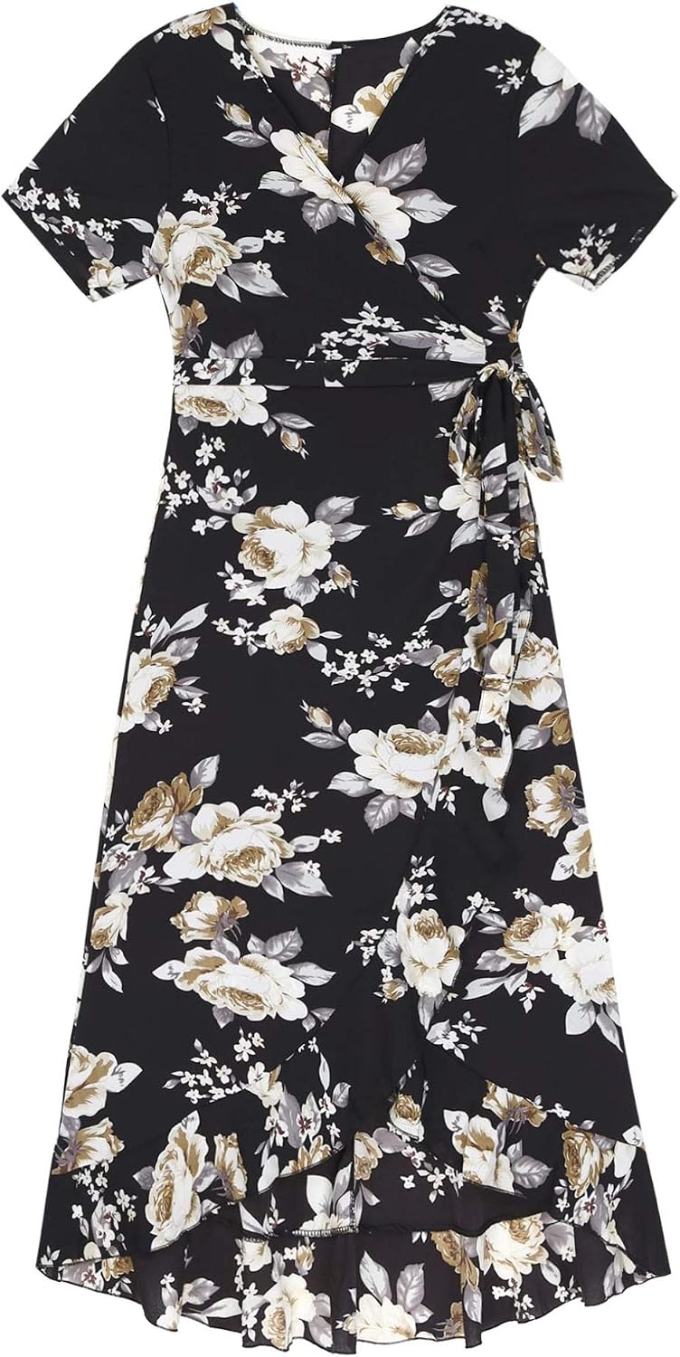 Kaerm Maternity Bohemian Floral Printed Wrap Dress V Neck Short Sleeve High Low Maxi Skirt