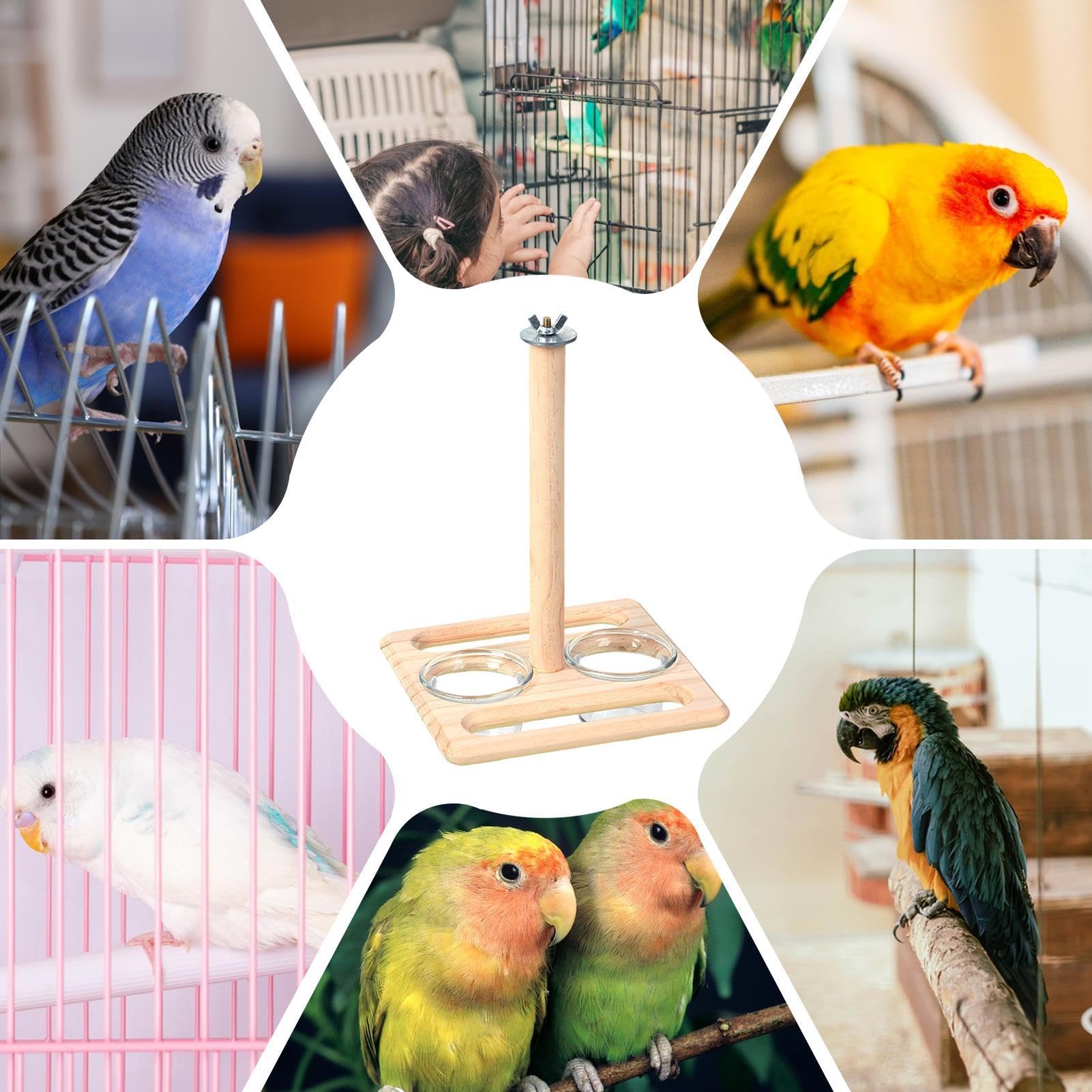 木製鳥用スタンド スイング付き 餌入れ2個*3 木製鳥用スタンド