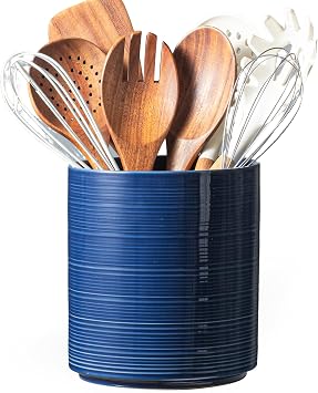 Large Utensil Holder for Kitchen Counter, 7.3 Ceramic Cooking Utensil Crocks for Spatula & Spoon, Farmhouse Kitchen Utensil Holder with Cork, Home Decor, Dark Blue