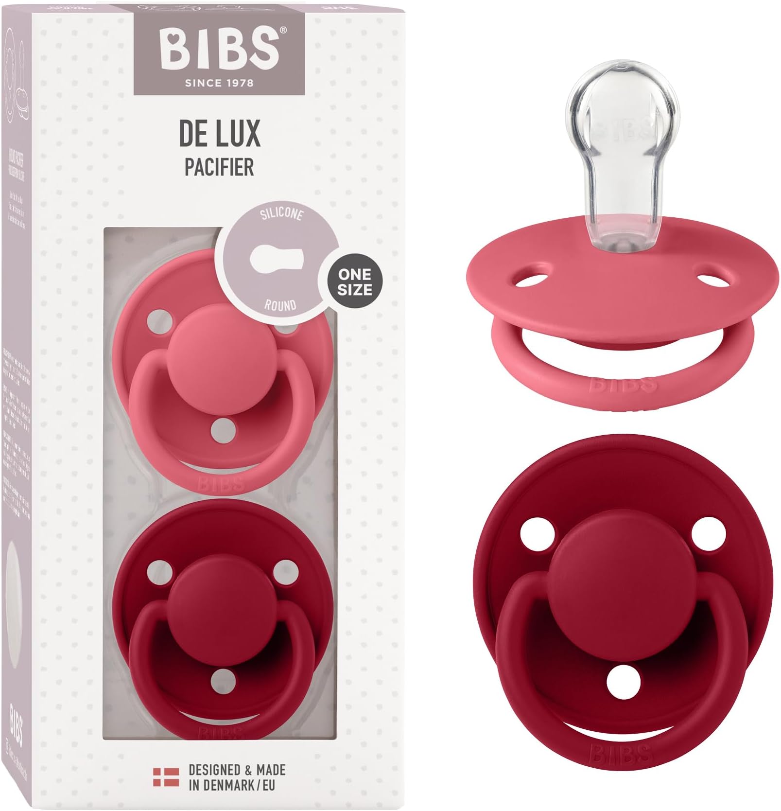 Bibs De Lux Soother 2 Pack, BPA Free Dummy Pacifier, Round . Silicone, OneSize 0 36 Months, Coral / Ruby