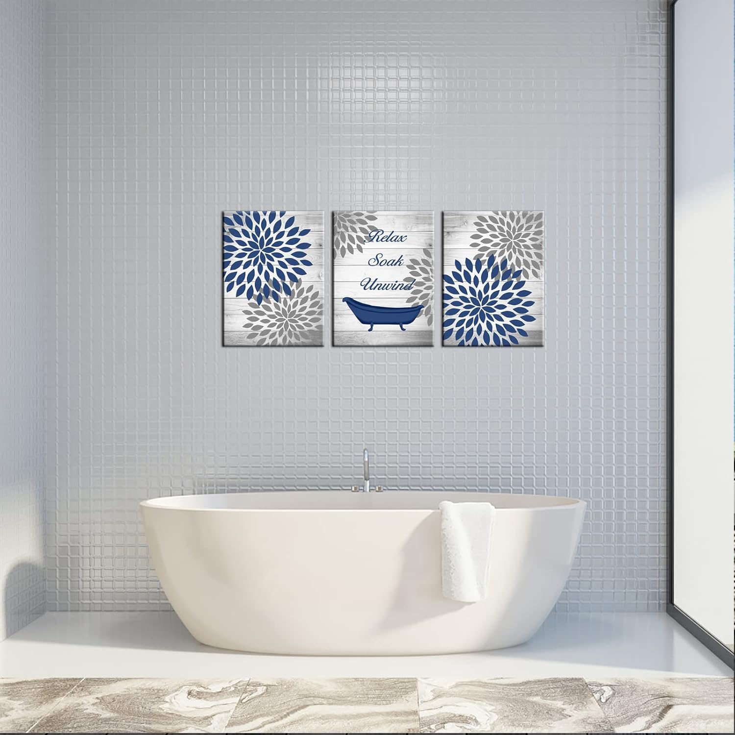 RnnJoile Navy Dahlia Bathroom Decor |Dahlia Flower Canvas Wall Art with Quote & Dahlia Shower Curtain for Bathroom| Waterproof Easy to Hang