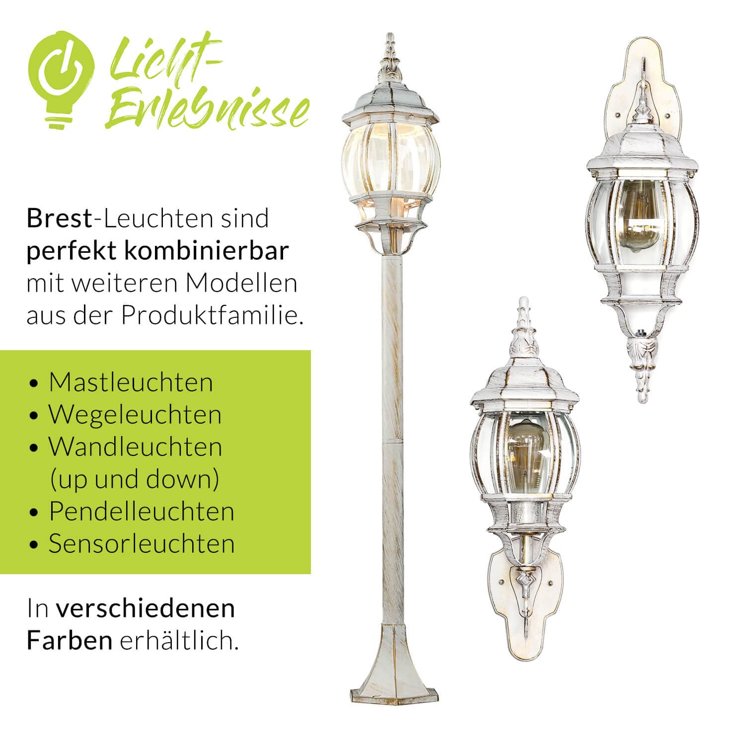 Licht-Erlebnisse Wandleuchte Aussen Vintage, Aussenleuchte, Aussenleuchten Hauswand, Weiß Gold, H:54 cm, IP44, E27, Lampe Terrasse Außen, Balkon Lampe