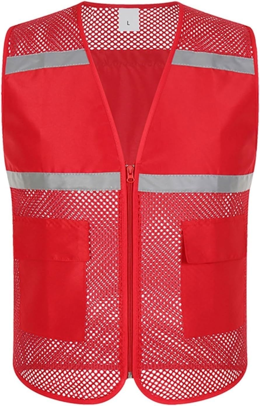 High Visibility Mesh Reflective Vest, Multi-Pocket Zipper Safety Vest Workwear(Rojo,XX Large)