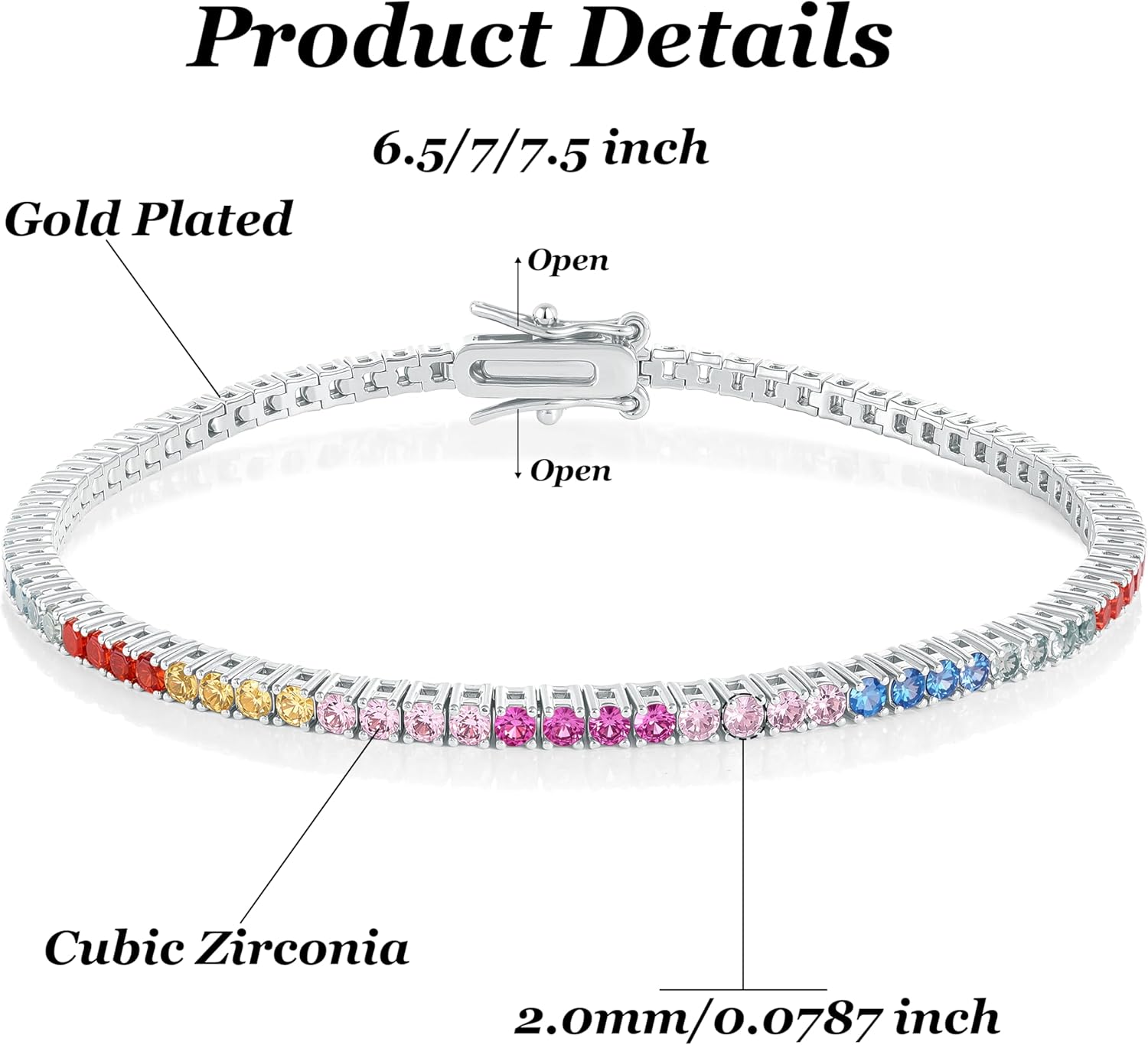 Gemsme 2.0MM Rainbow Tennis Bracelet for Women-18K White/Yellow Gold Plated Colorful Round Cubic Zirconia Bracelet for Jewelry Gifts - Image 2