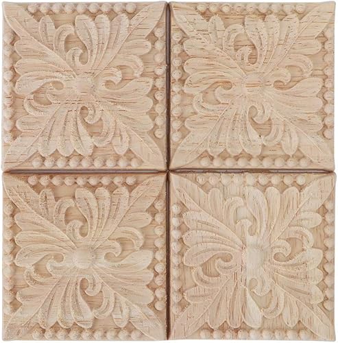 Miniatura 10 de Hilitand 4 calcomanías de madera tallada en madera para tallar cuadrados, sin pintar, para decoración de muebles de gabinete de puerta (párrafo uno)