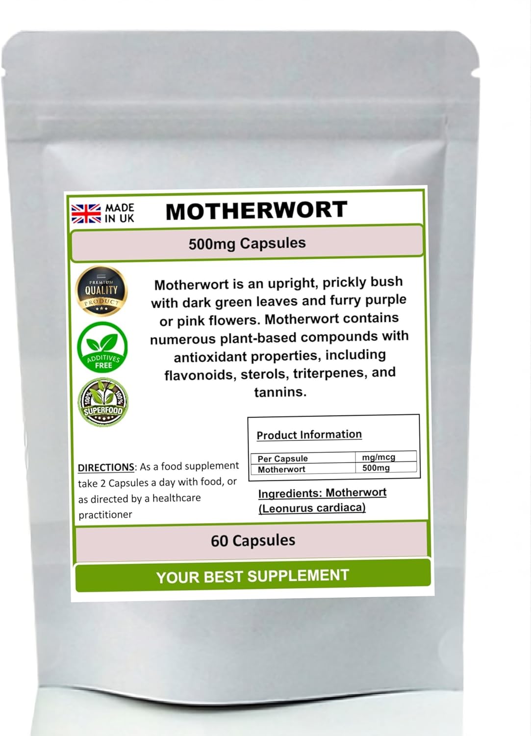 Motherwort Capsules (Leonurus cardiaca) 100% Pure (No additives No Fillers) (60)