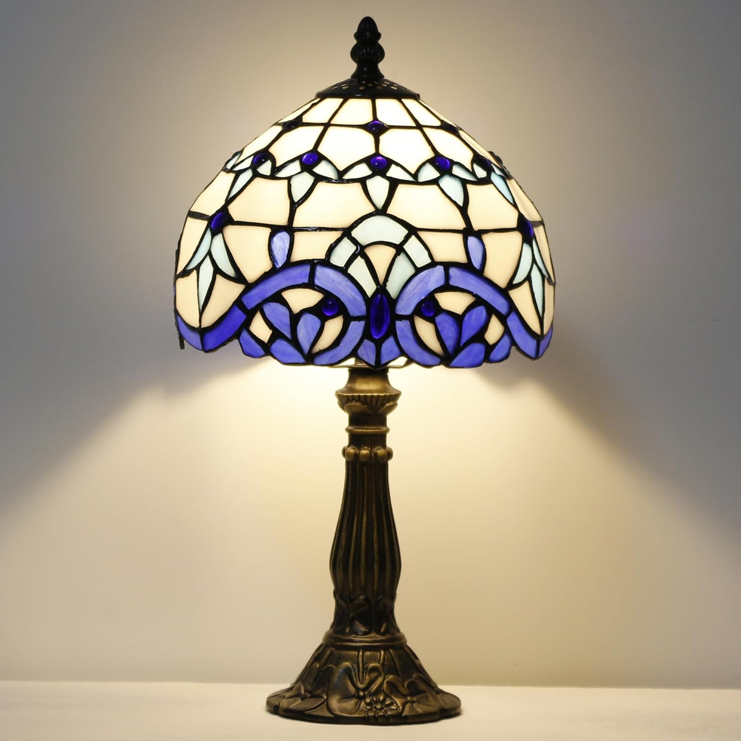 Small Tiffany Lamp Stained Glass Desk Lamp Vintage Tiffany Bedside Table Lamp for Home Living Room Bedroom Nightstand 8X15 Inch (White Baroque Style)