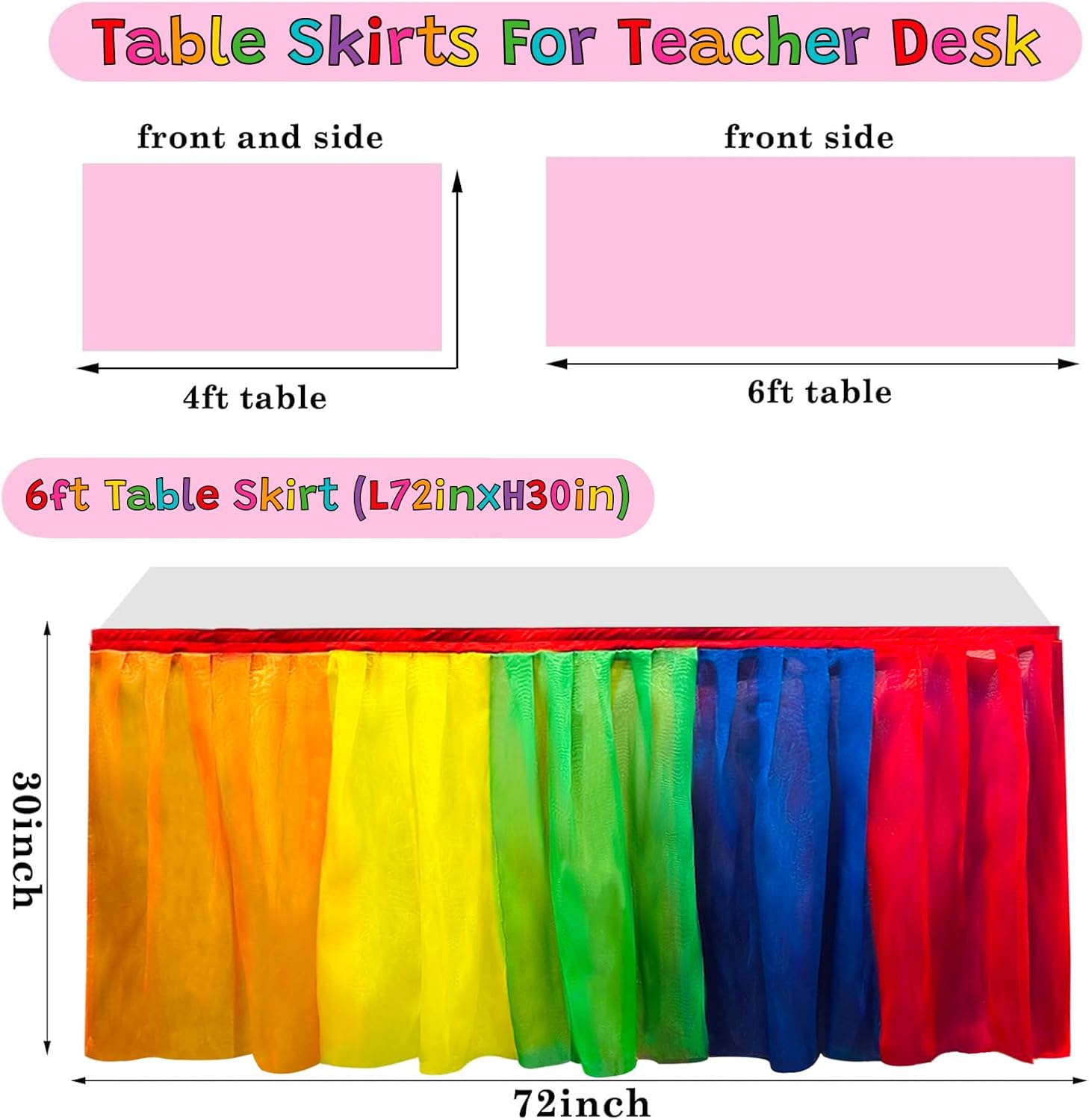 6 ft Teacher Desk Skirt Rainbow Table Skirt Cloths for Teacher Desk Ruffle Tutu Tulle Classroom Desk Skirt for Teacher Classroom Back to School Supplies
