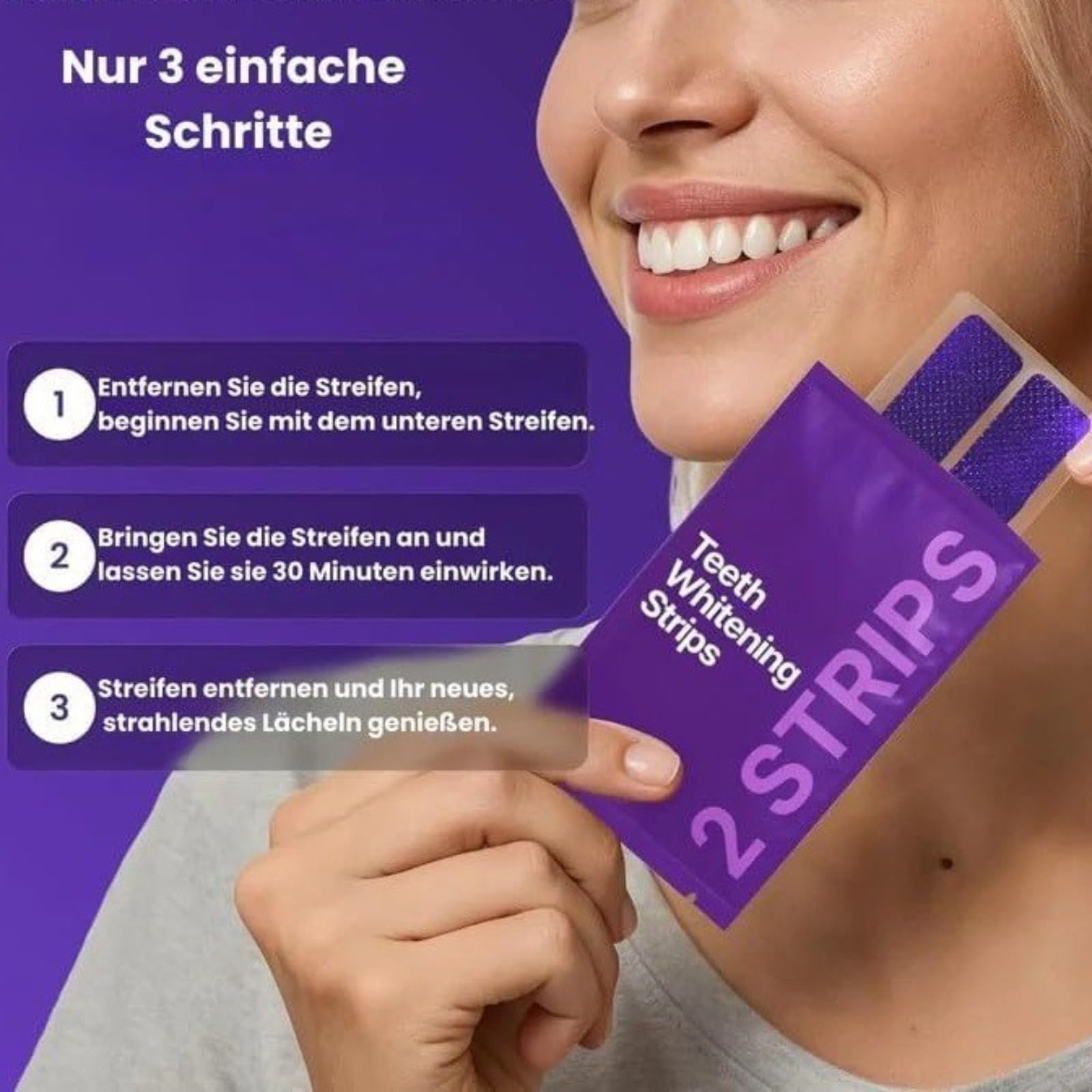 Zahnaufhellungsstreifen, violett, Set zur Zahnaufhellung ohne Peroxid | Korrektureffekt des gelben Farbtons | Whitening Strips für Zahnaufhellung in 7 Tagen, Hilfe bei der Improve Kaffee/Wein Fleck