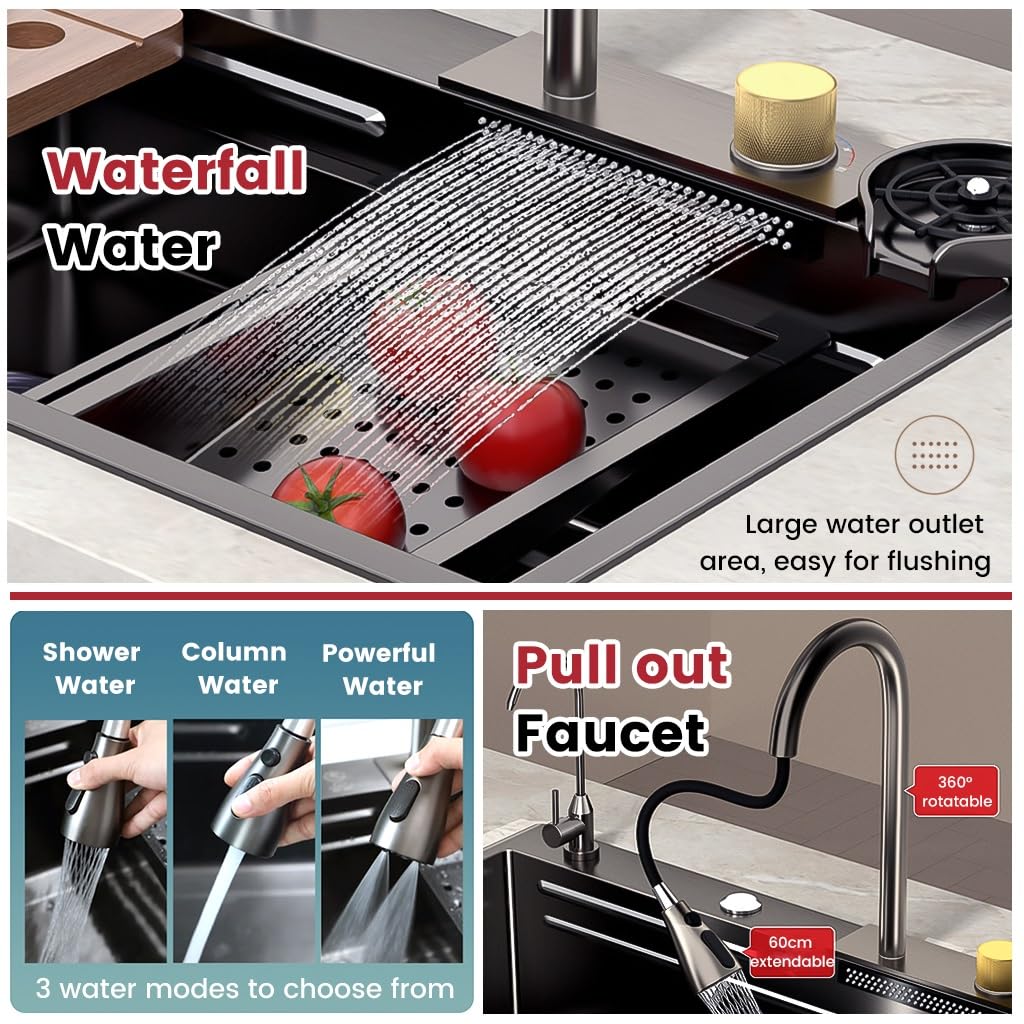 Fregadero de Cocina Black Waterfall, Fregadero de Acero Inoxidable con Grifo extraíble, lavavasos, Kit de desagüe, Fregadero de Barra Grande de un Solo Seno para instalación empotr
