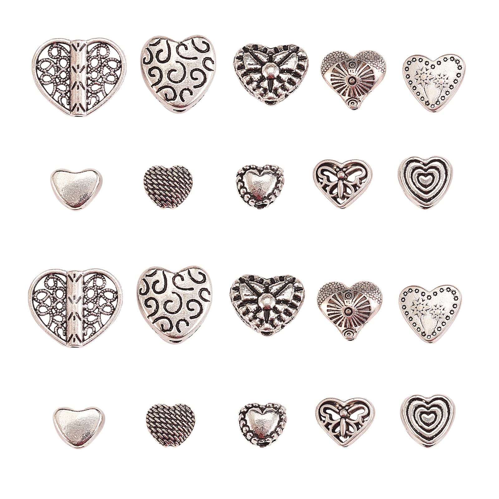 UR URLIFEHALL 100 Pcs 10 Styles Carved Heart Tibetan Styles Zinc Metal Beads Antique Silver Beads Spacer Loose Beads for DIY Crafting Findings