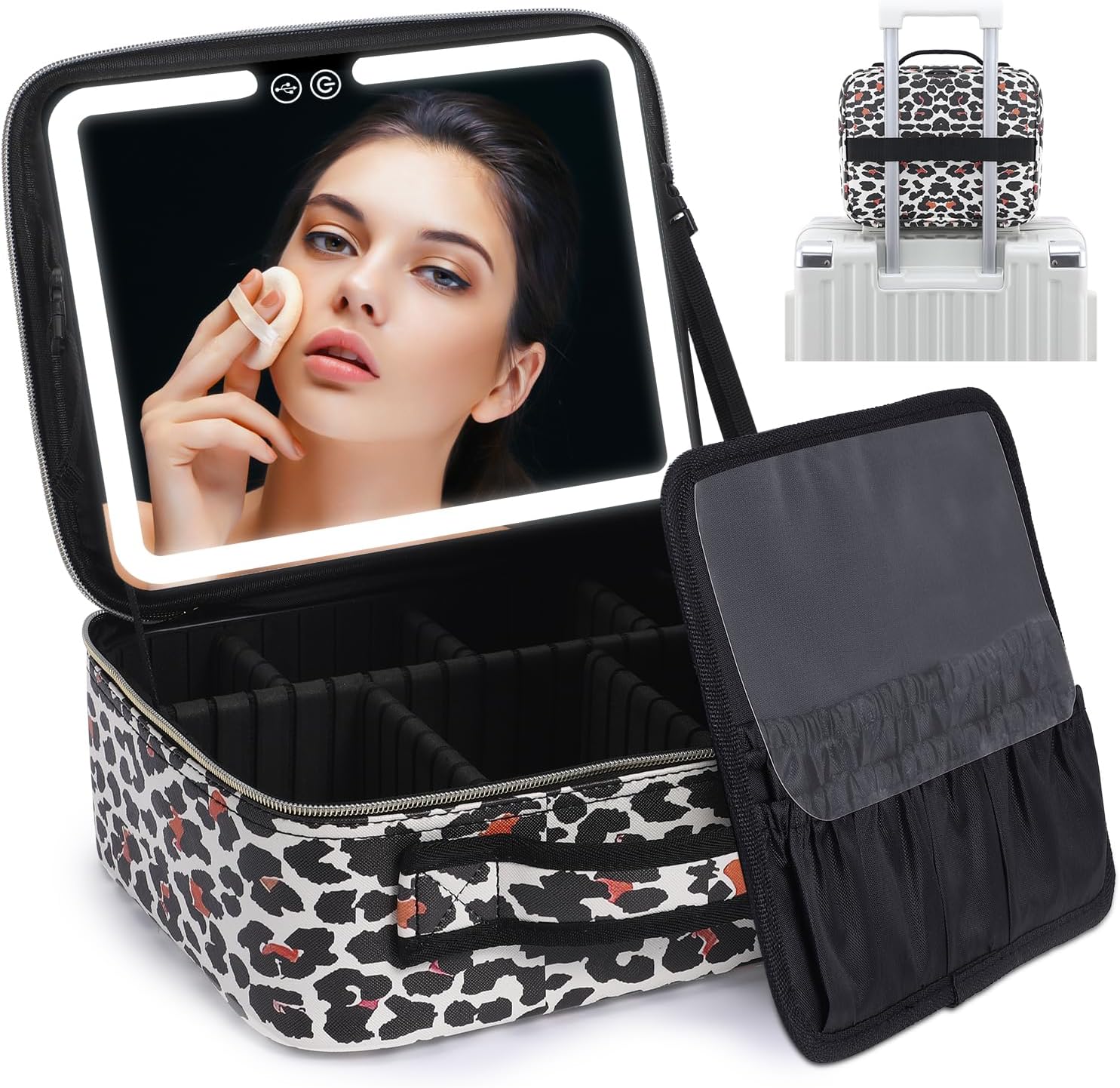 Travel Makeup Bag with LED Lighted Make up Case with Mirror 3 Color Setting Cosmetic Makeup Box Organizer Vanity Case for Women Beauty Tools Accessories Case Rechargeable (Leopard)