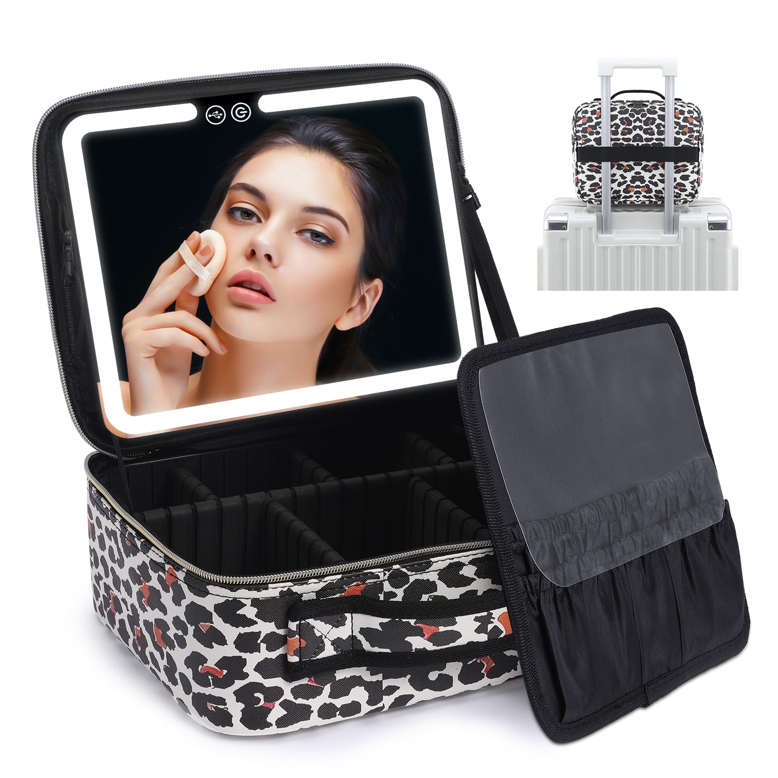 VANMRIORTravel Makeup Bag with LED Lighted Make up Case with Mirror 3 Color Setting Cosmetic Makeup Box Organizer Vanity Case for Women Beauty Tools Accessories Case Rechargeable (Leopard)
