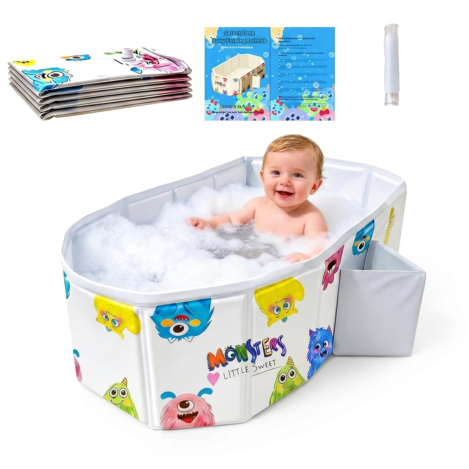 Baby Badewanne,Großraum Babywanne,Baby wanne im Monsterchen Motiv,Platzsparende Babybadewanne Faltbar,Tragbare badewanne kinder,Kinderbadewanne mit Ablassschraube für Kinder von 0-8 Jahre