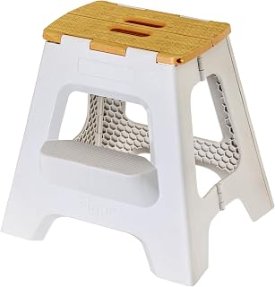VIGAR 16-Inch Foldable Two-Step Stool for Adults - 330 lbs Capacity, Lightweight Non-Slip, Compact Grey Bamboo Print