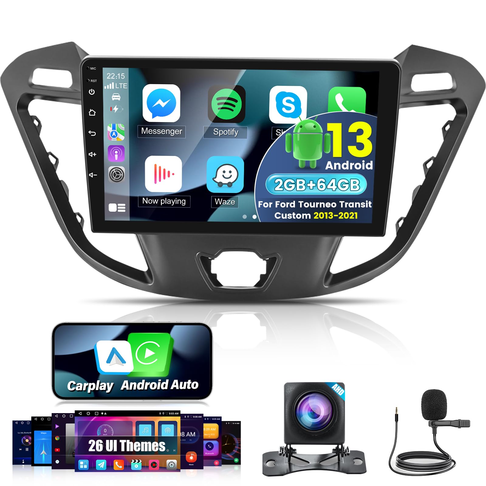 Autoradio Per Ford Transit Tourneo Custom 2013-2021+Carplay e Android Auto | 2G+64G Android Autoradio Touch Screen da 9 Pollici Con WiFi, Navigazione GPS, Bluetooth, FM RDS