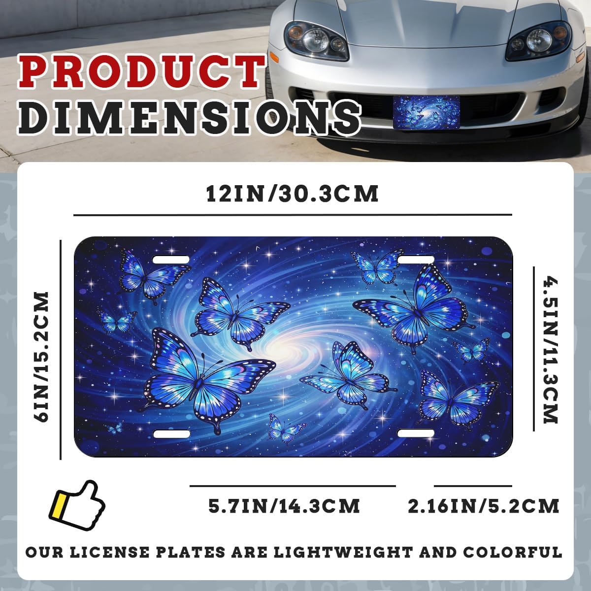 Butterfly Front License Plate Blue Galaxy Swirl Night Sky Car Decorative License Plates Aluminum Metal Decor Accessory Novelty Vanity Tag Cover with 4 Holes for Men Women 6" X 12" image 2