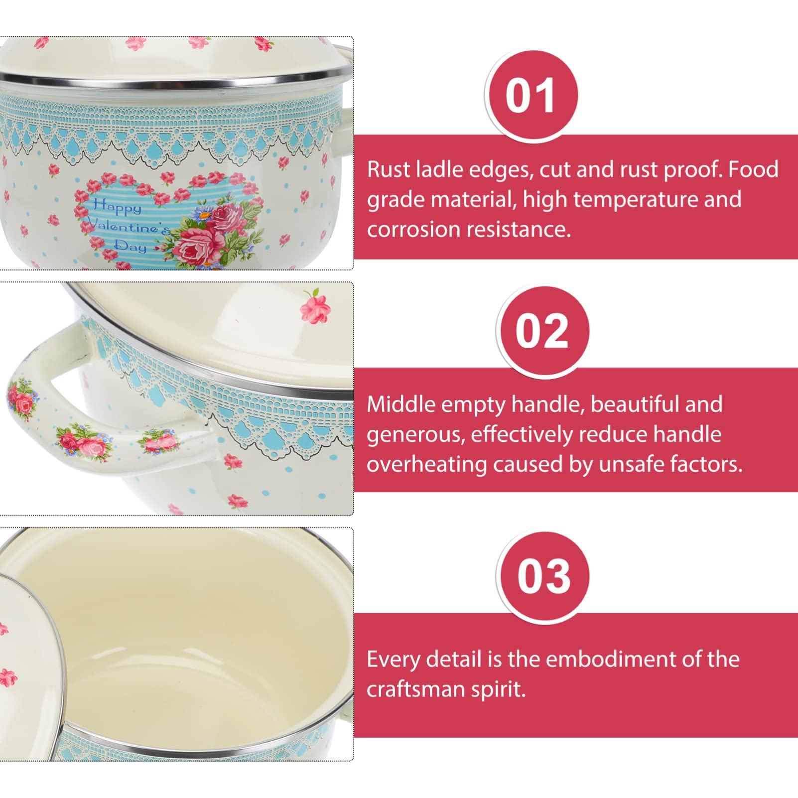 HOLIDYOYO Ensemble 3 Marmites Émail Rétro à Fleurs Avec Couvercles - Batterie De Cuisine Vintage