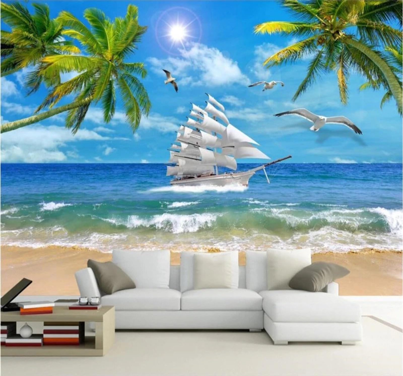 Wallpaper-3D-Xlm 400Cm×280Cm(B×H) Beautiful Sea Sailing Boat Coconut Trees Seascape 3D Wallpaper Easy Install Feature Office Living Room Sofa Bedroom Tv Background Wall Decoration-400Cm×280Cm