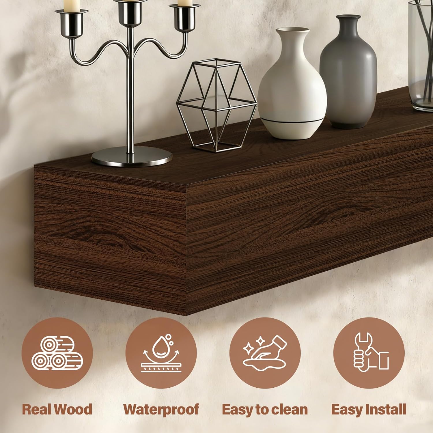 Fireplace Mantel Handcrafted Wall-Mounted Floating Mantel Shelf Decoration Wood Fireplace Mantels Suitable for Living Rooms,Bedrooms, Tvs, Bookshelves.(Retro Walnut,60" L x 8" D x 6" H)