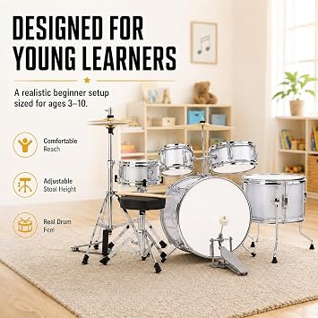 5-Piece Drum Set for Kids, 14-Inch Kids Beginner Junior Drum Set with Cymbals, Pedal, Stool, Screw Wrench,Two Pairs of Drumsticks Silver