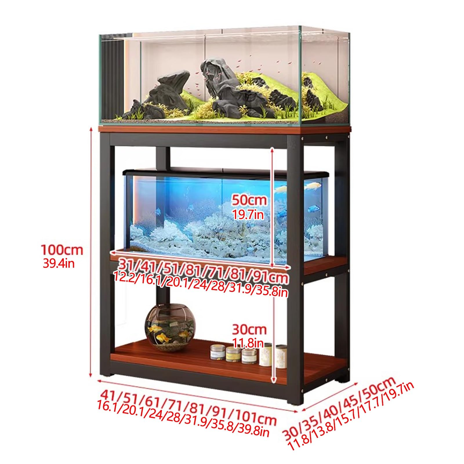 Stojak do akwarium z półką, otwarta szafka pod akwarium, metalowa rama, 3-stopniowy stojak na terrarium, stojak na basen dla gadów, do domowego biura, salonu (biały, 51 x 35 x 100 cm)